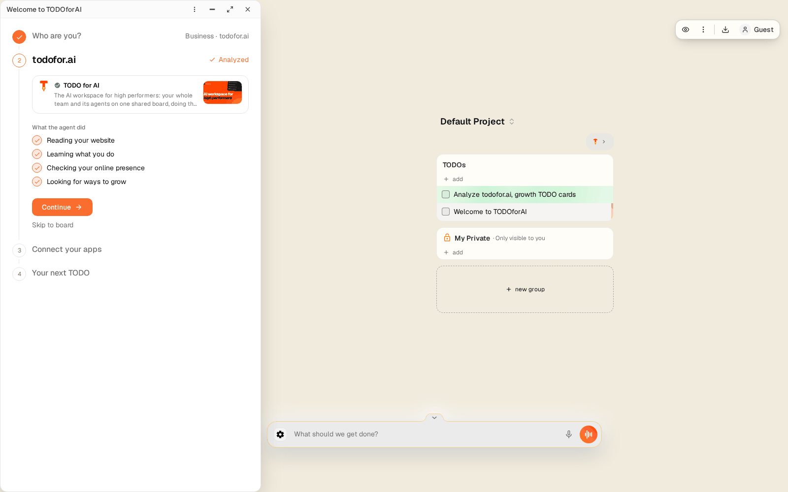 Onboarding after the website was analyzed