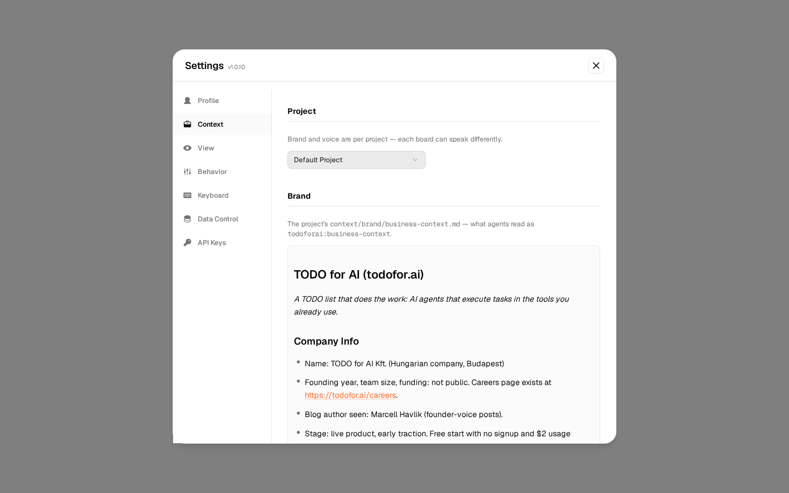Settings, Context tab