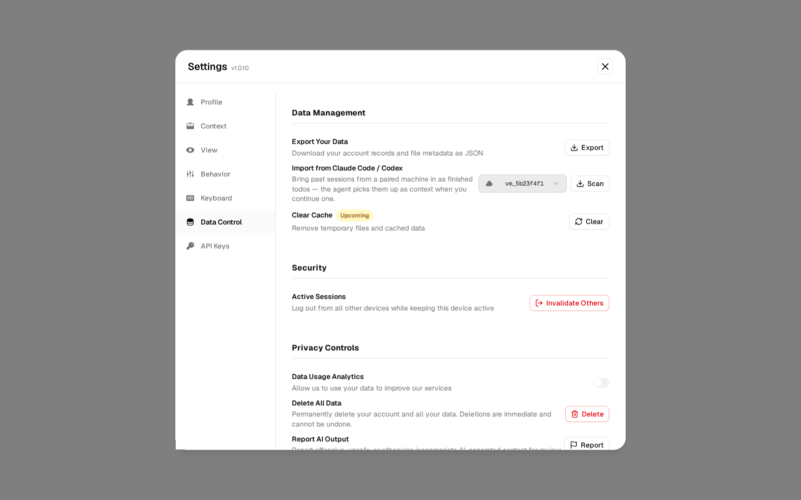 Settings, Data Control