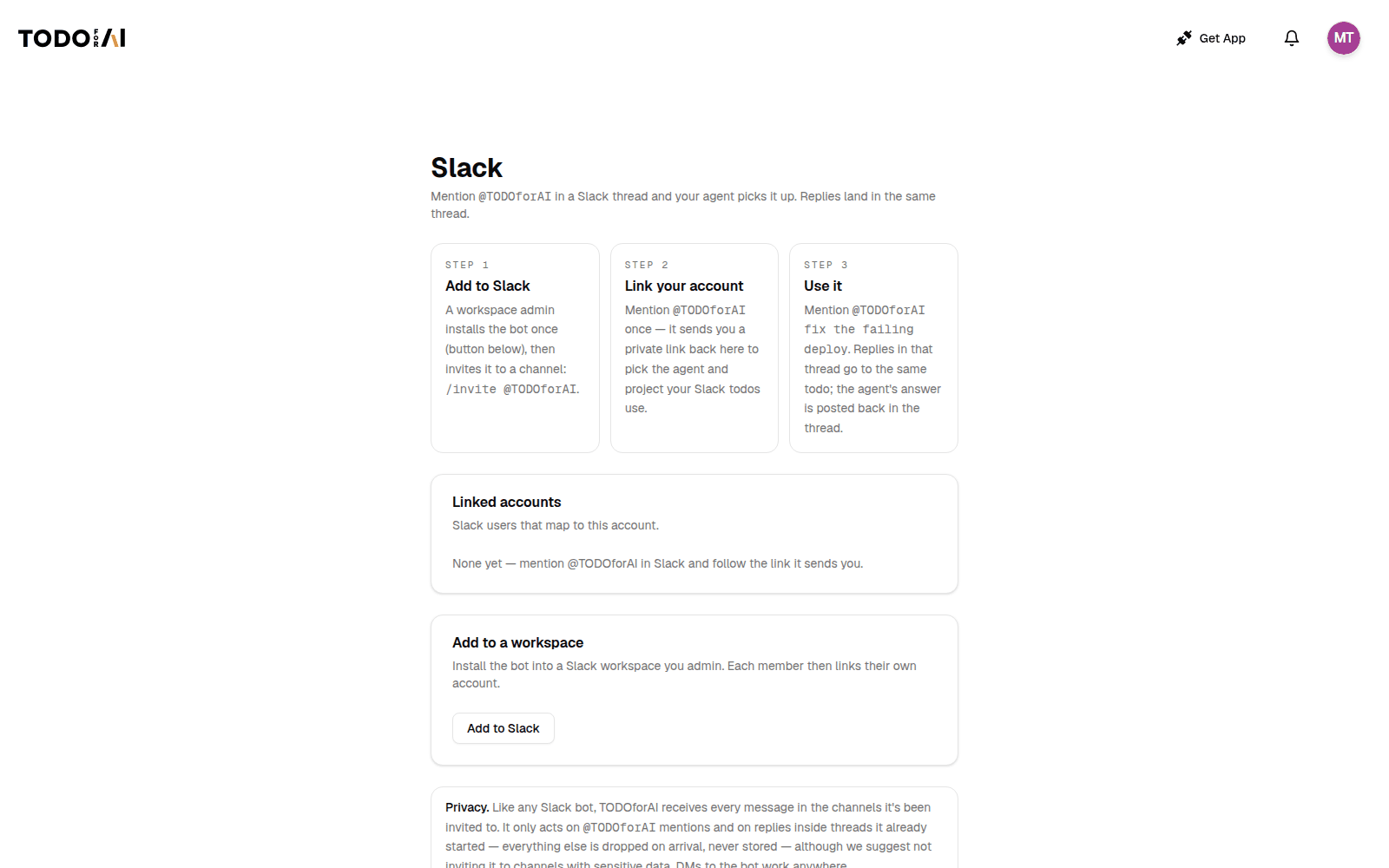 Slack setup page